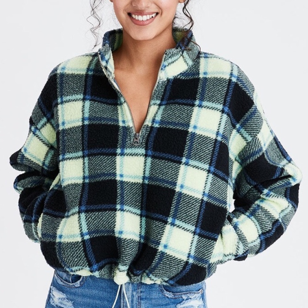 American Eagle Plaid Cozy Sherpa Fleece Quarter Zip Pullover Jacket